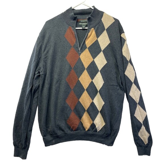Lyle & Scott Brown Gray Argyle 1/4 Zip Combed Collared Cotton Sweater Size Large - Picture 1 of 3